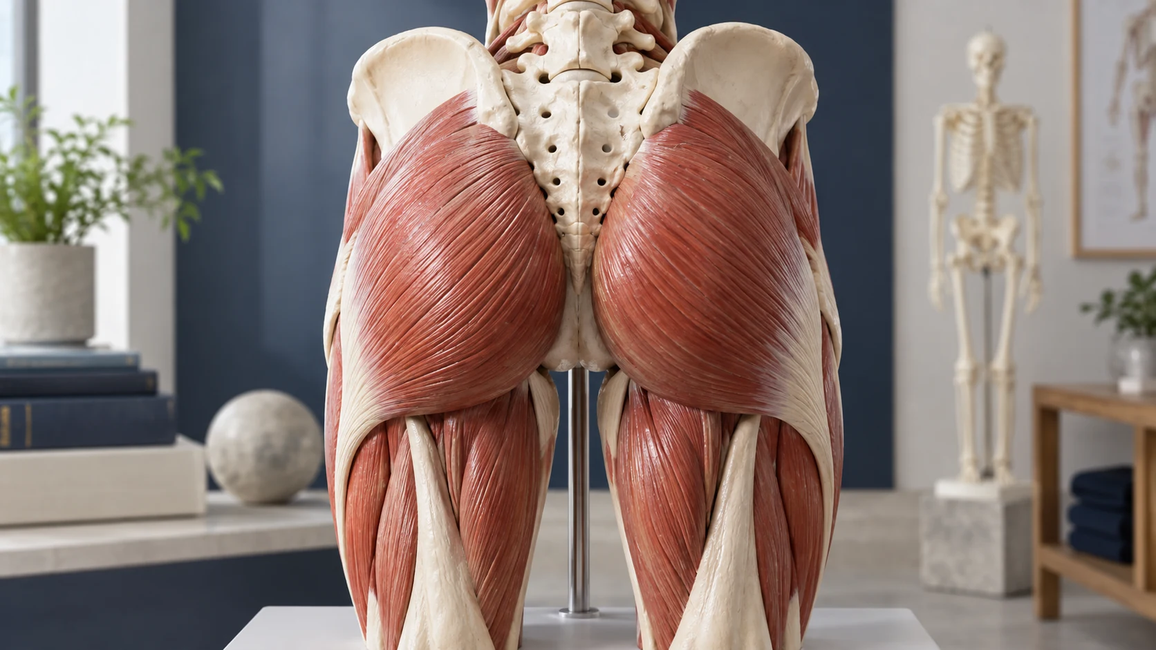A physical anatomical model showing the gluteal muscles and pelvis.