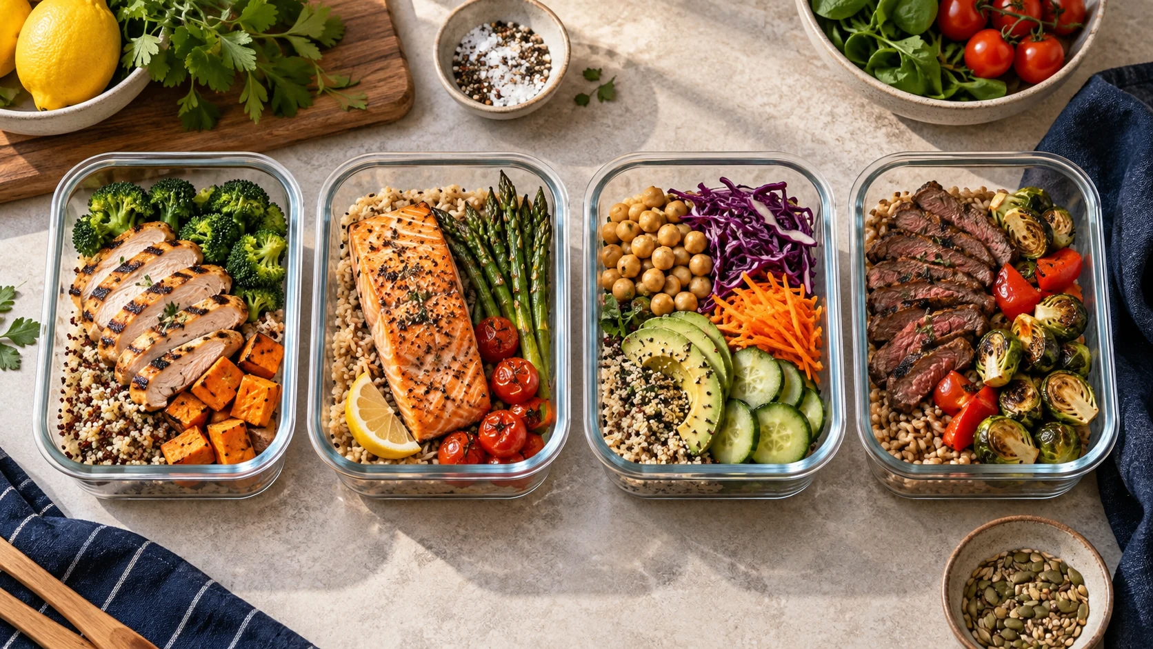 Four organized meal containers with vegetables, whole grains and lean protein.