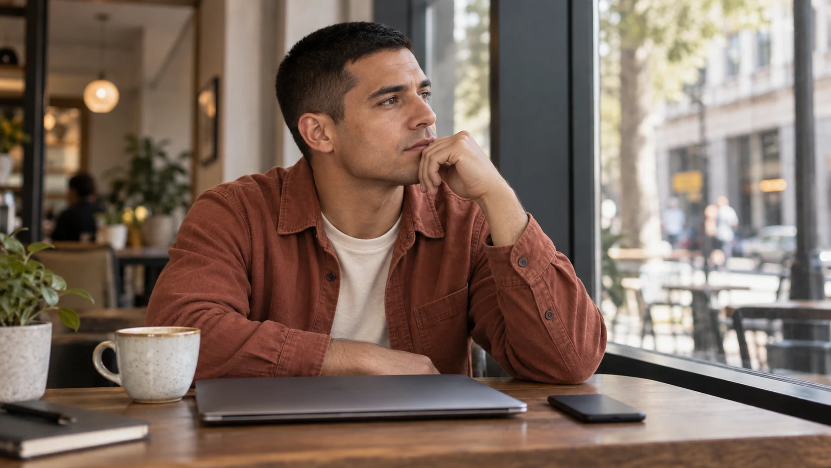 A man taking a quiet break from his laptop and phone in a cafe.
