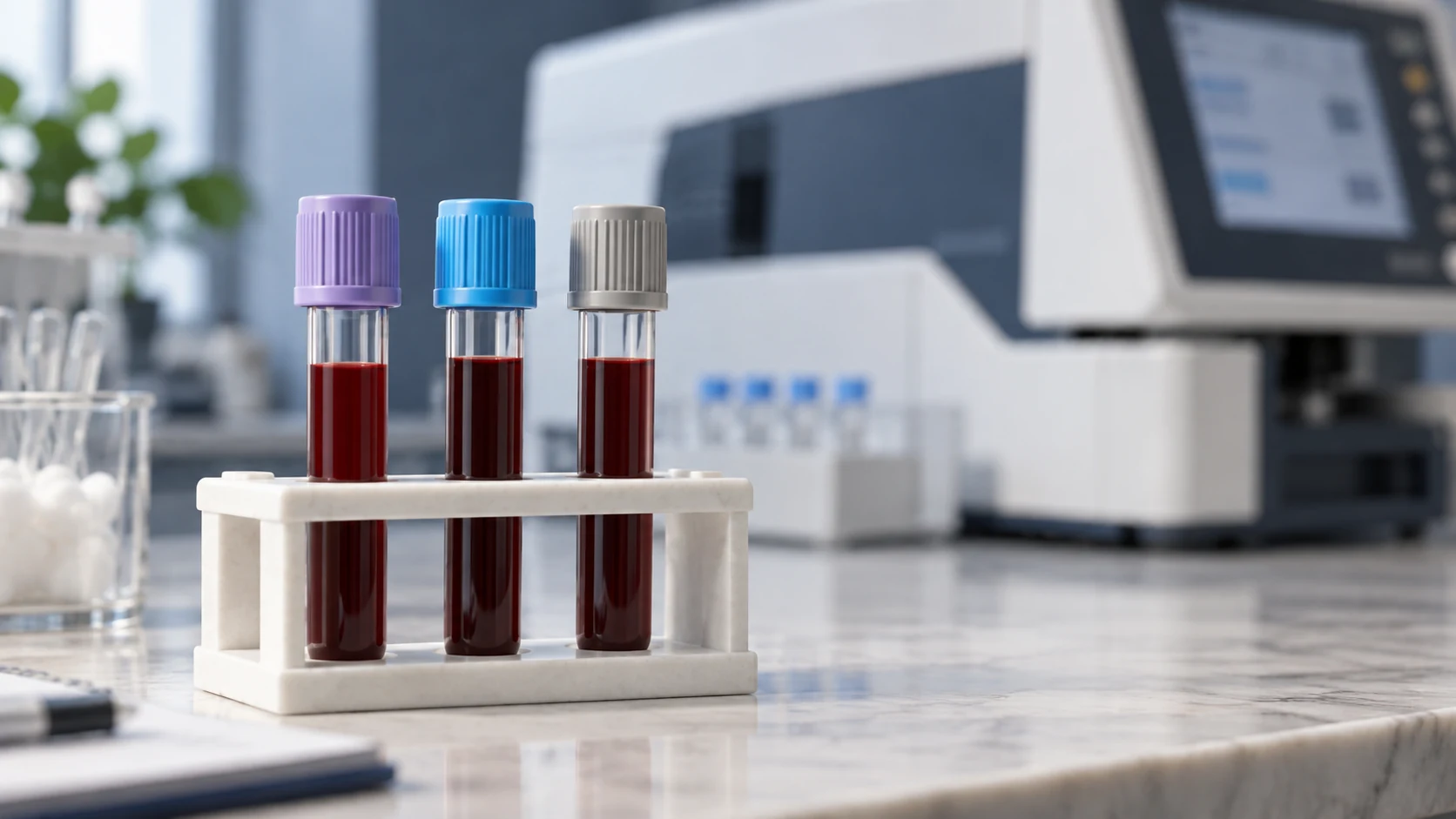 Three capped blood sample tubes arranged in a laboratory rack.