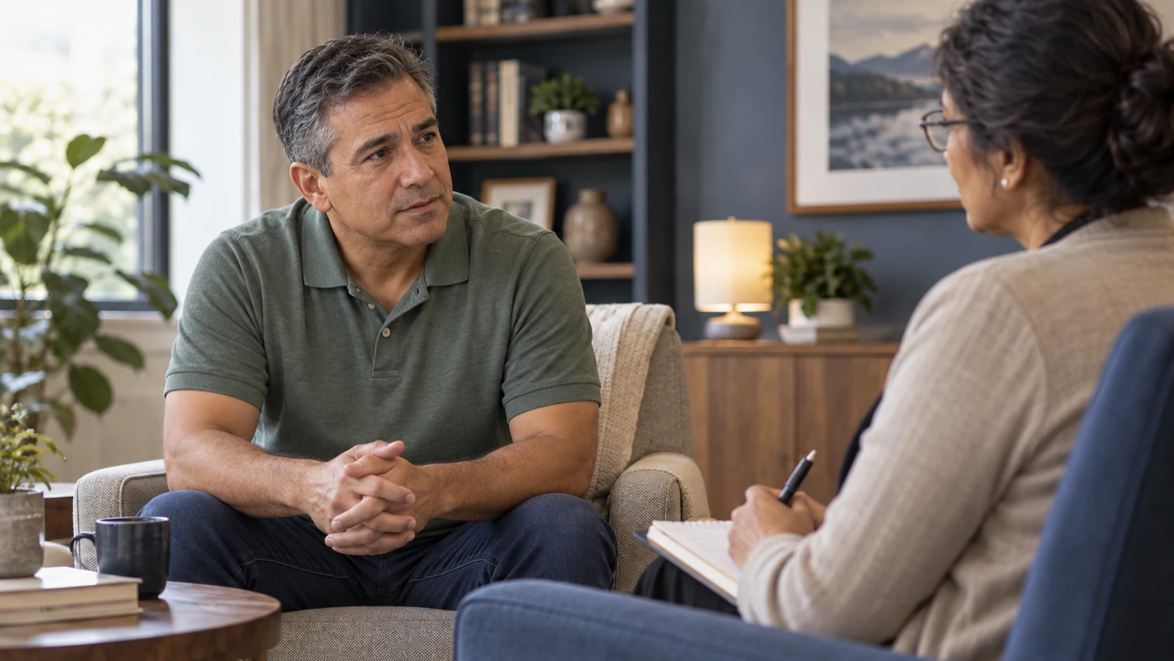An adult man talking with a mental-health professional in a private office.