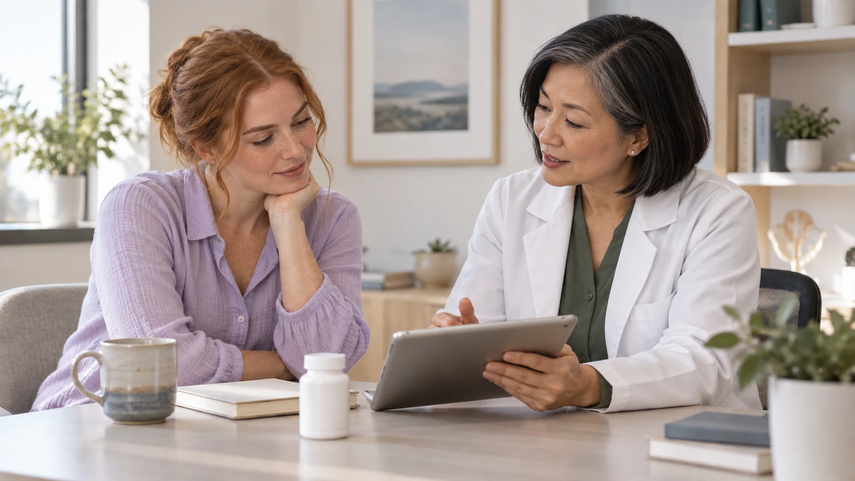 A woman discussing health information with a clinician beside an unbranded supplement bottle.