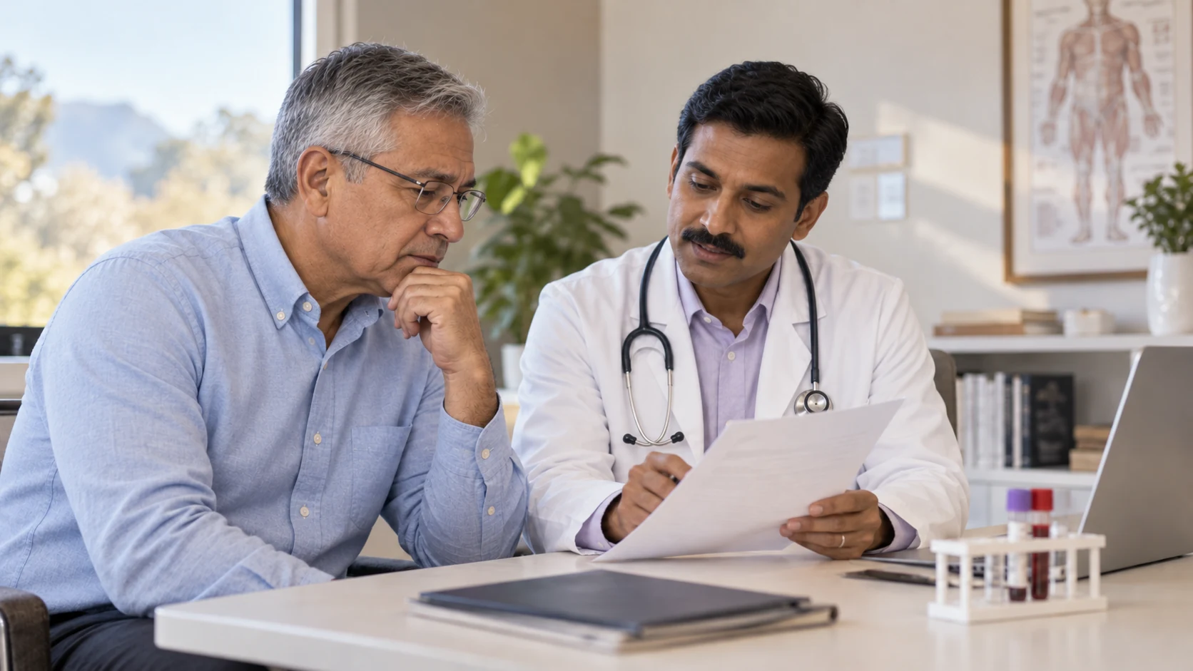 A patient and physician discussing laboratory results at a consultation desk.