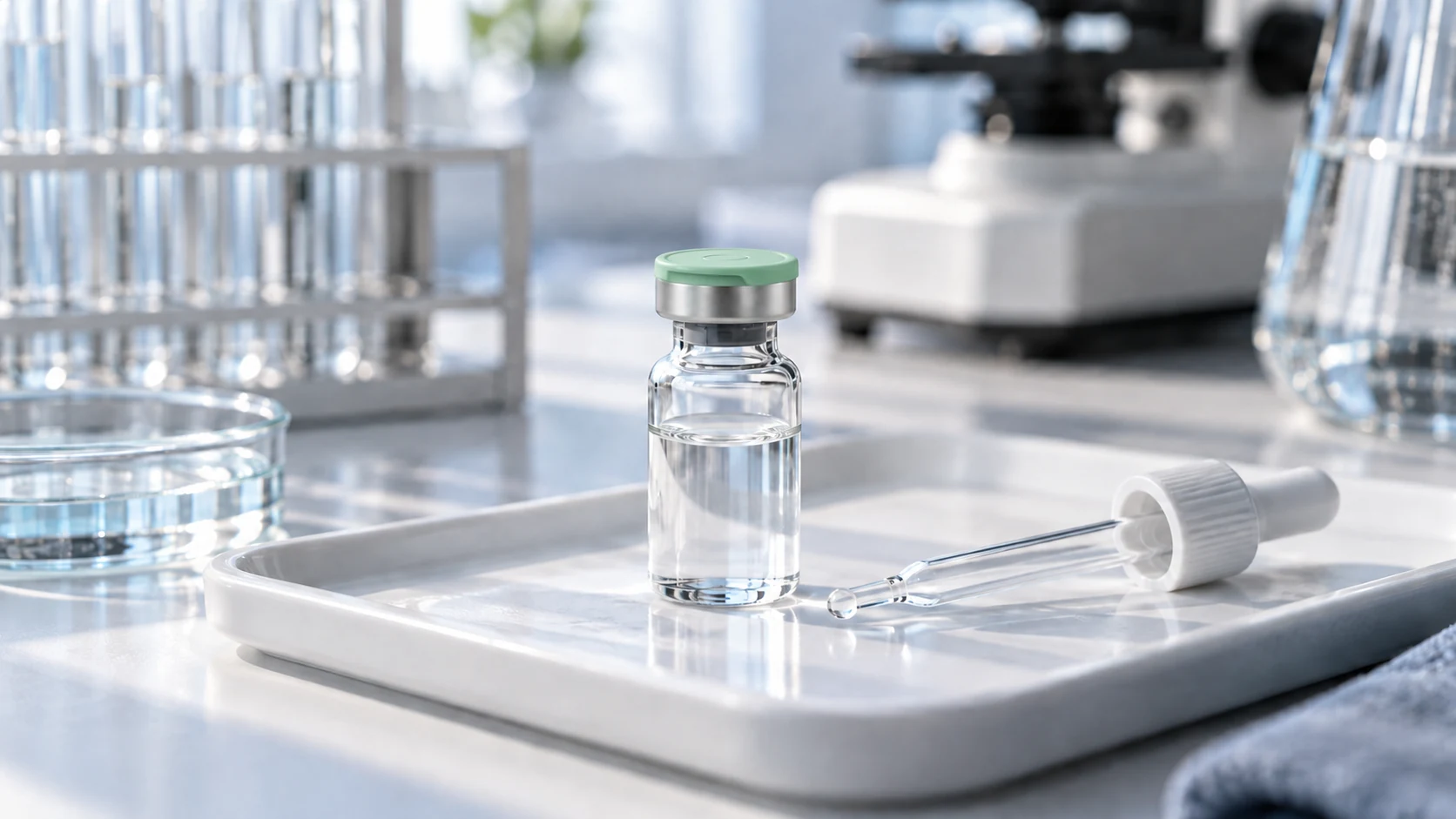 A sealed sample vial and glass pipette arranged on a laboratory tray.