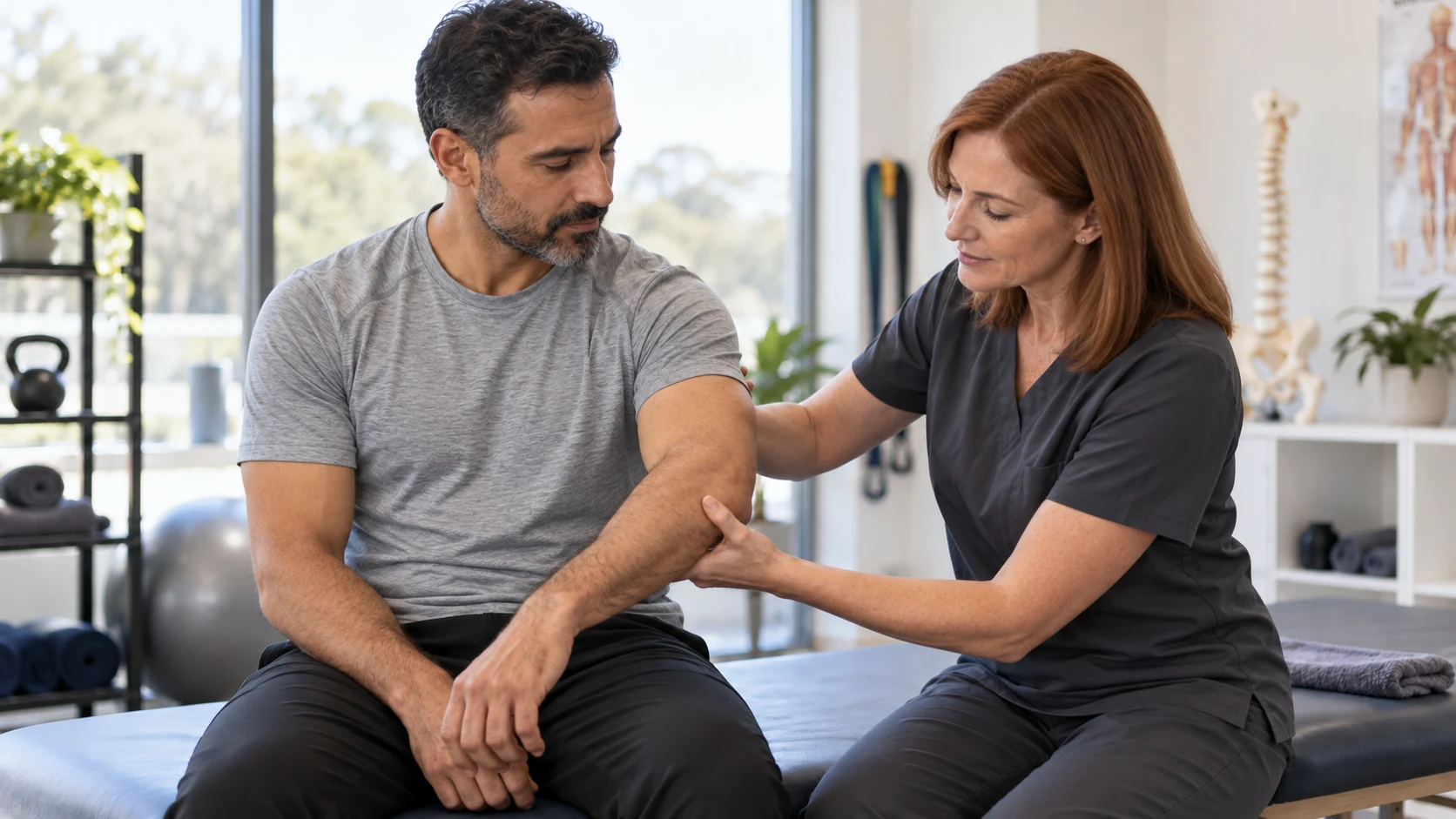 A physiotherapist gently assessing an adult athlete’s elbow.