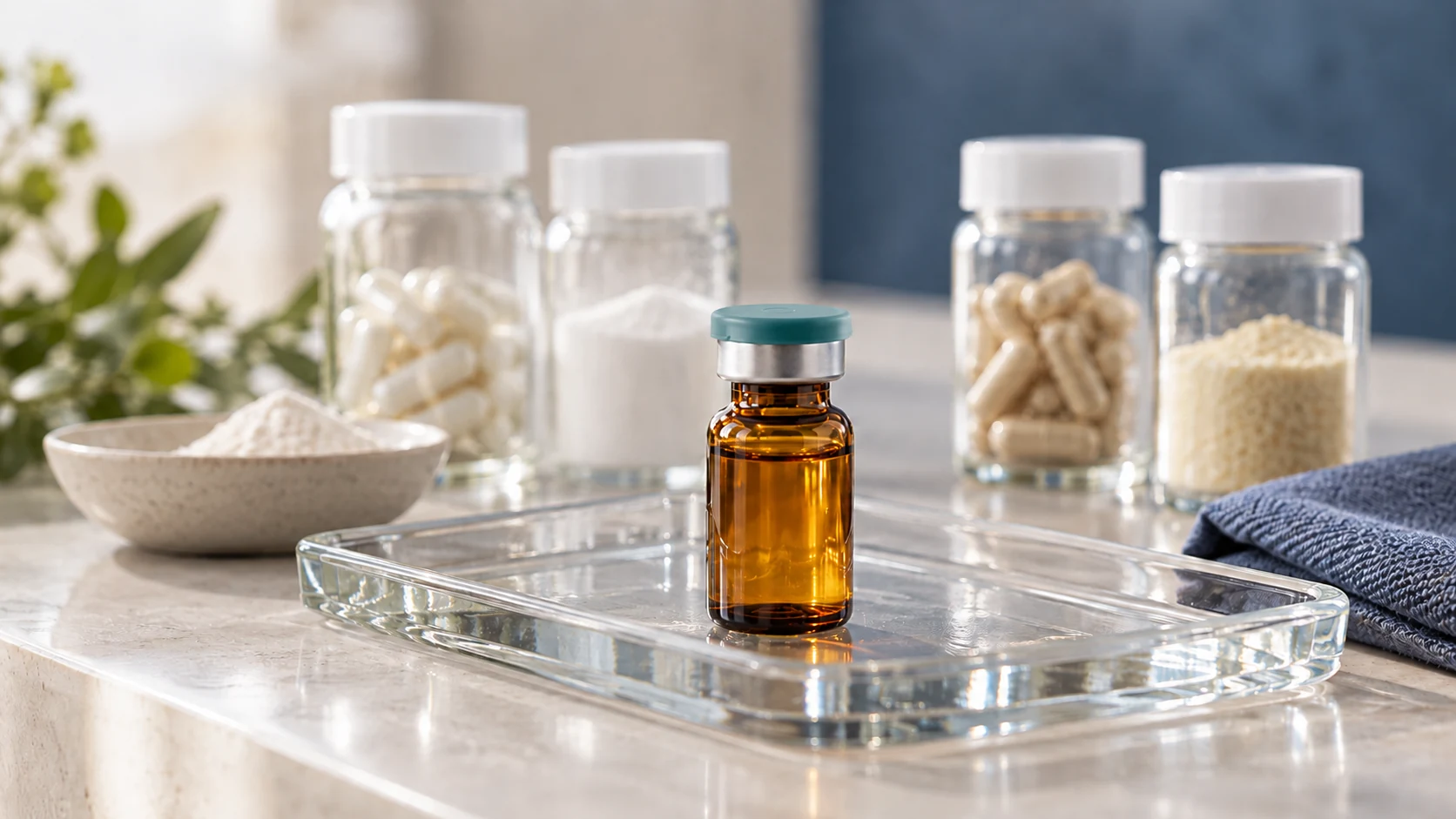 An amber pharmaceutical vial on a glass tray with capped ingredient containers behind it.