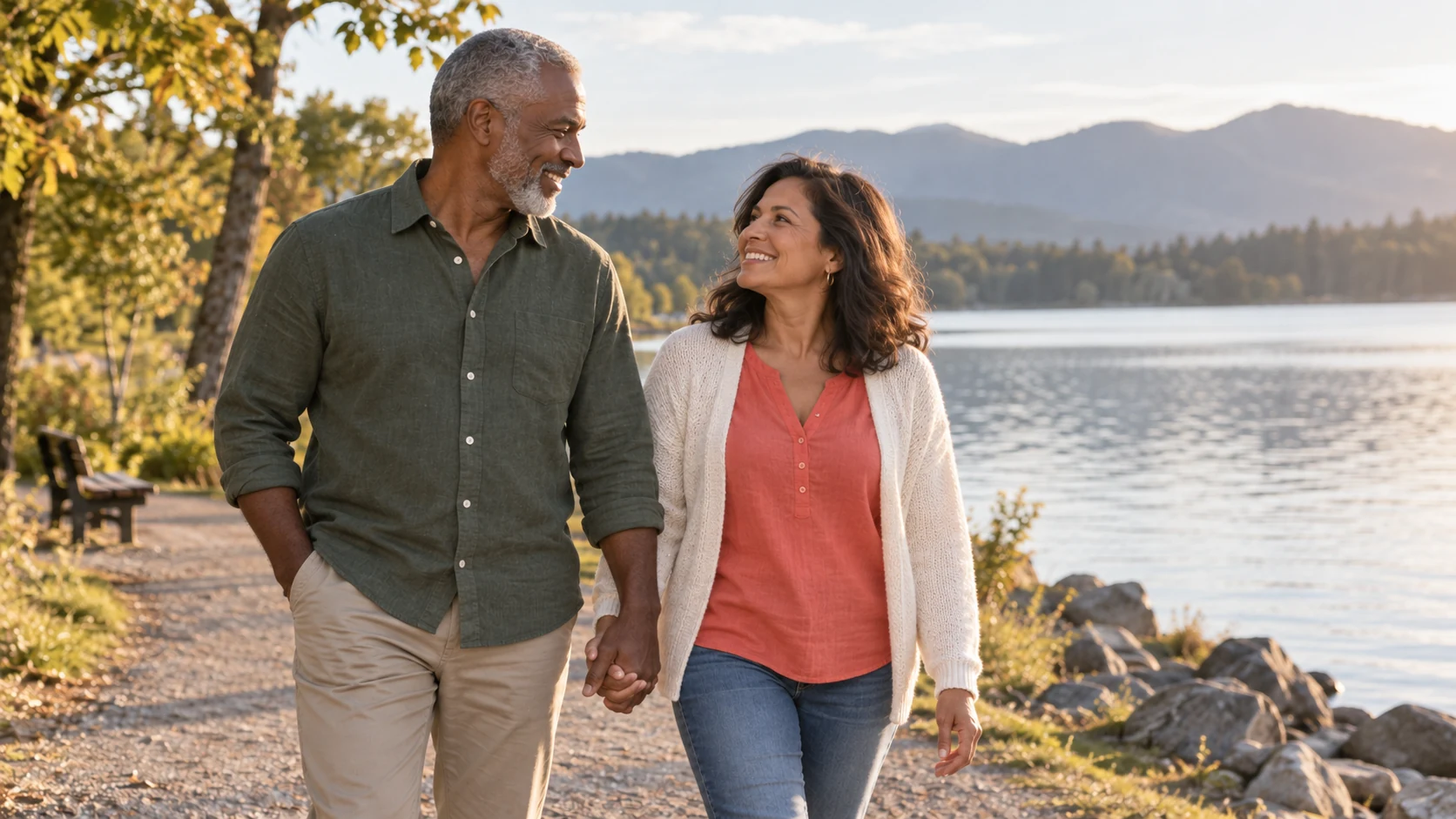 A middle-aged couple walking hand in hand beside a lake.