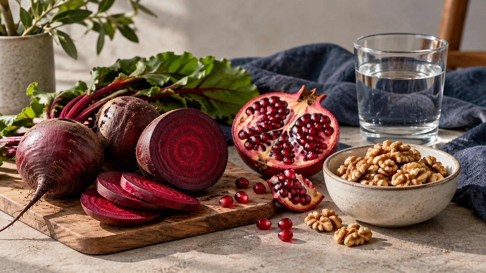 Fresh beetroot, pomegranate and walnuts beside a glass of water.