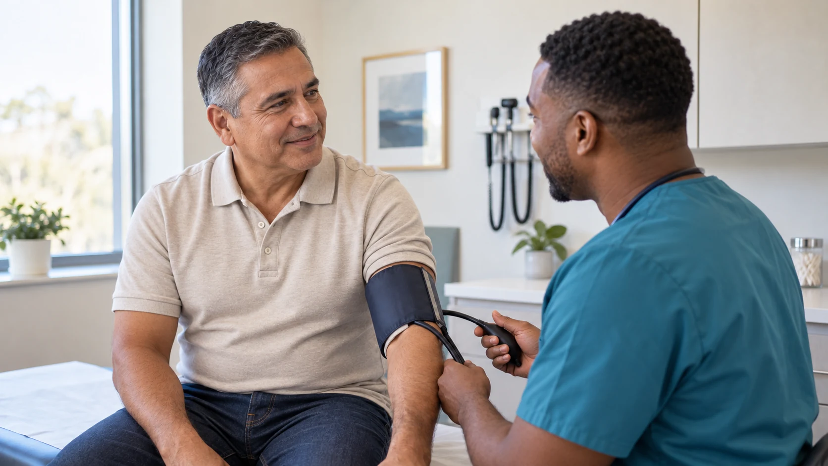 A clinician checking an adult man’s blood pressure during a consultation.