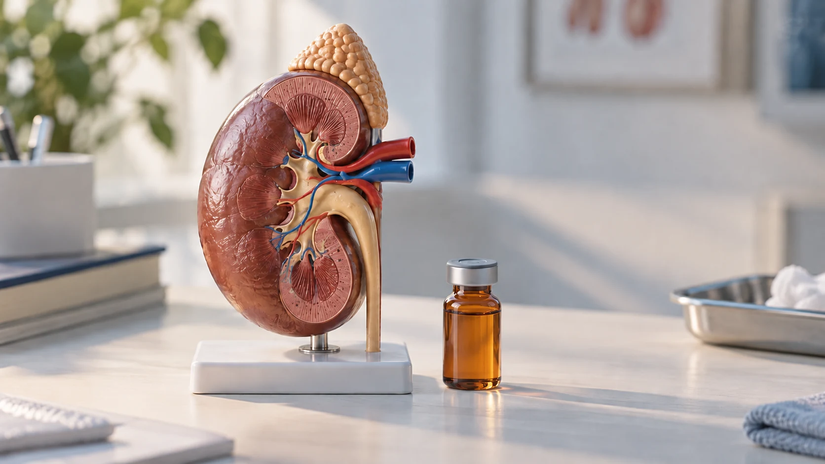 A physical kidney teaching model beside a sealed medication vial.