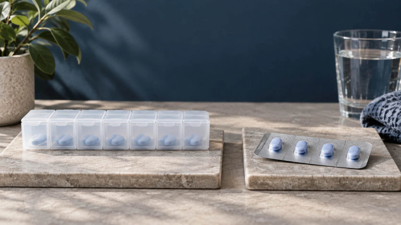 A closed pill organizer beside an individual unbranded medication blister pack.