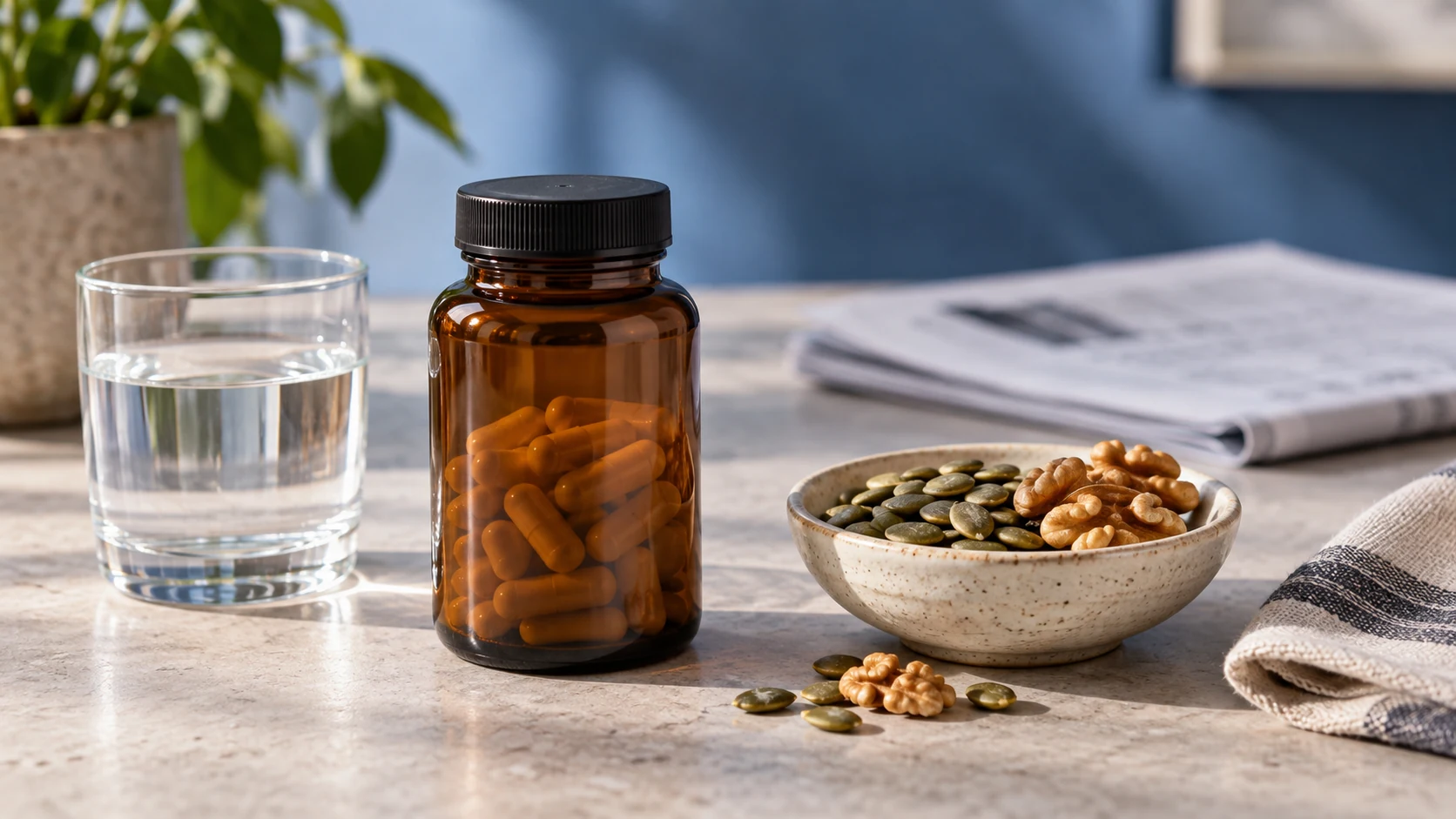 An unbranded supplement bottle beside pumpkin seeds, walnuts and water.
