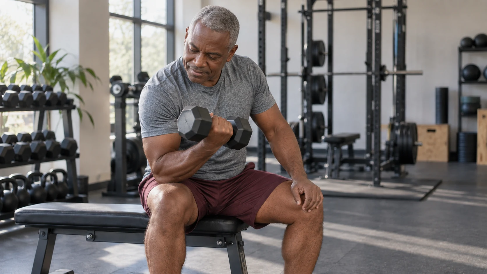A middle-aged man performing a controlled dumbbell exercise in a gym.