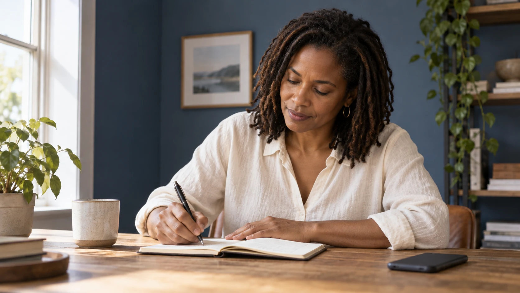 An adult concentrating on a notebook at a quiet, naturally lit desk.