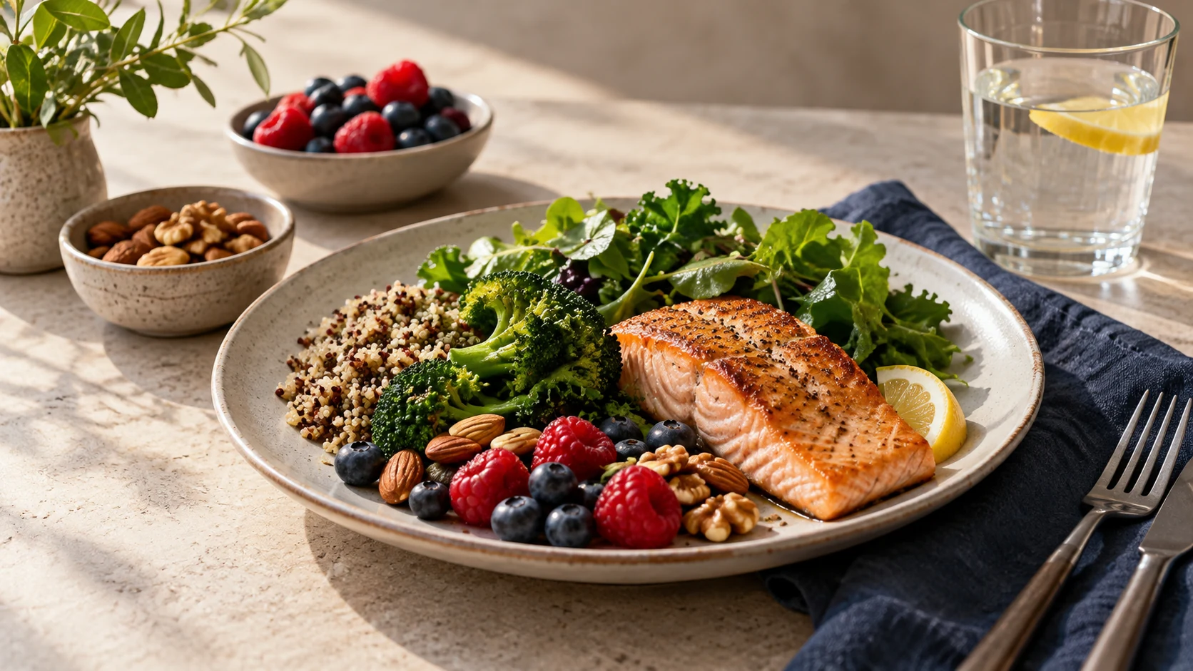 A balanced meal with salmon, vegetables, berries, whole grains and nuts.