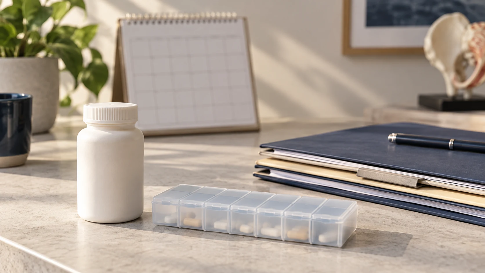 Medication containers and appointment folders arranged for ongoing clinical follow-up.
