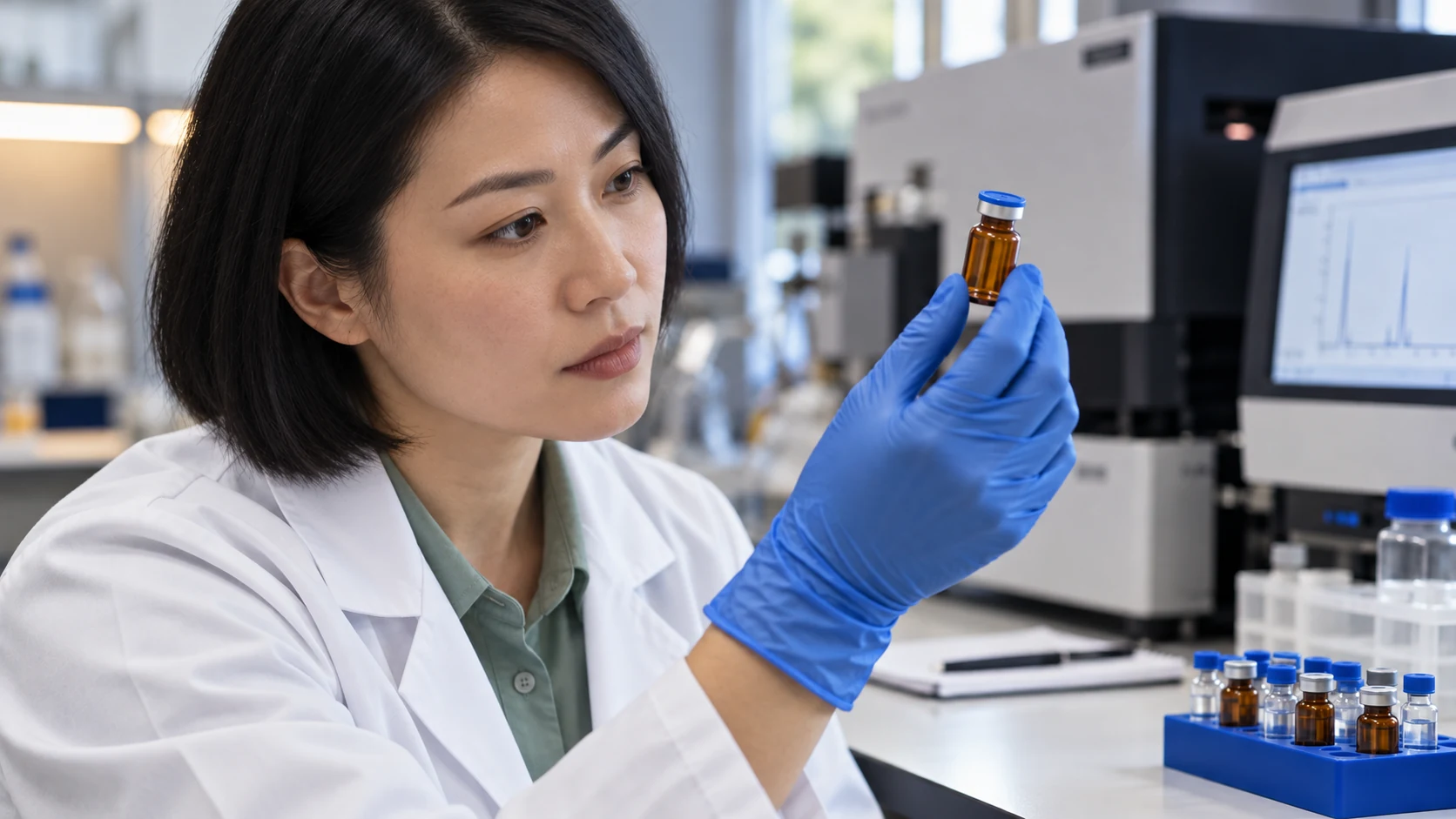 A laboratory scientist inspecting a pharmaceutical vial during quality control.