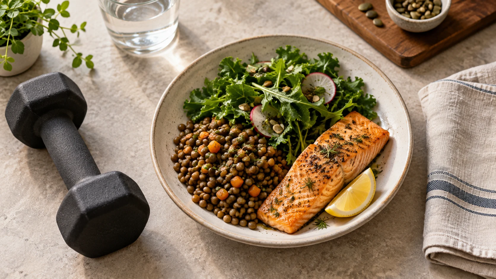 A protein-rich meal beside a compact dumbbell on a pale stone surface.