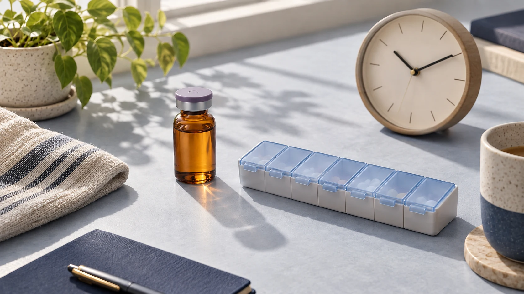 A sealed medication vial and pill organizer beside a minimal analog clock.