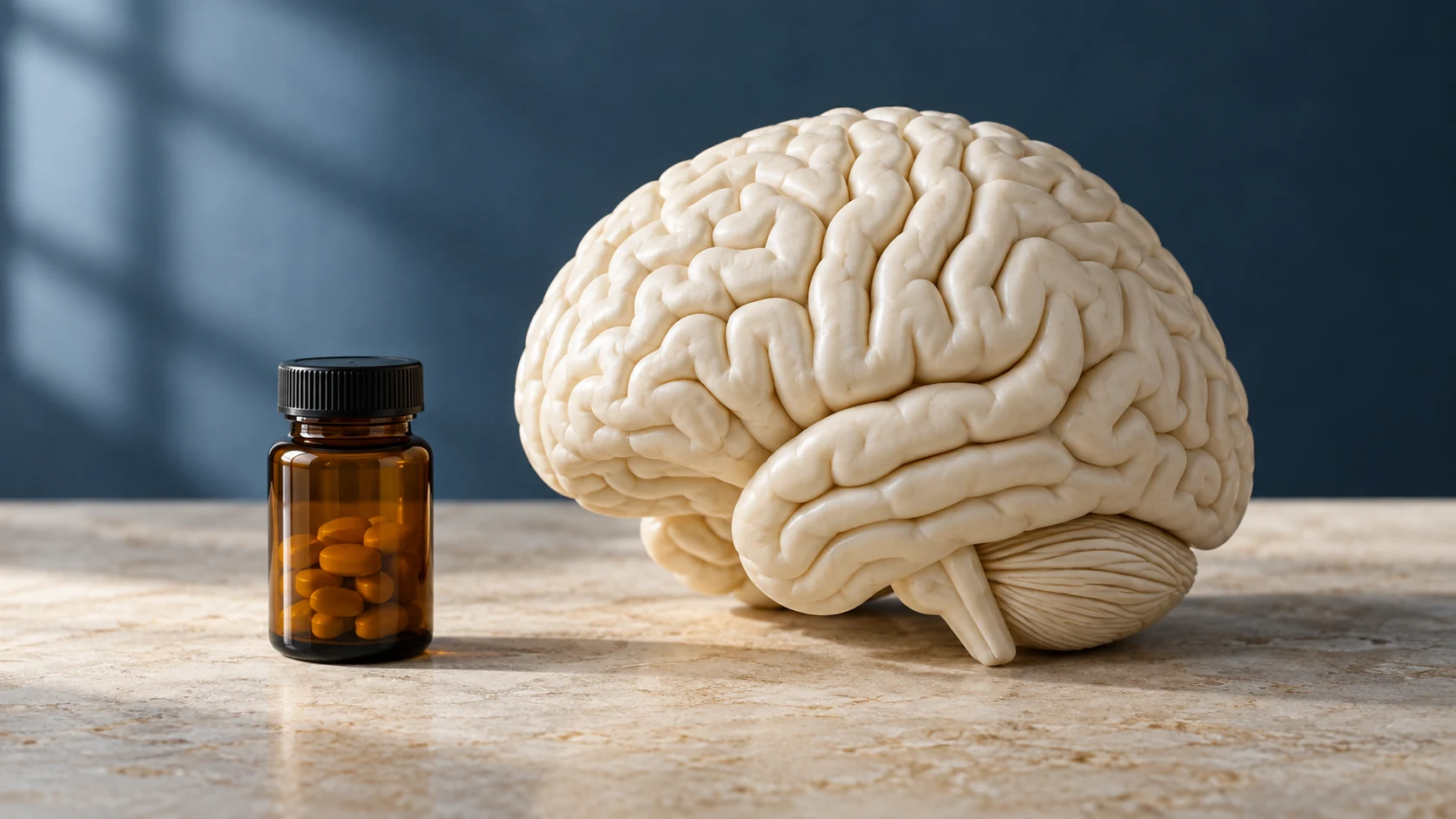 An ivory anatomical brain model beside an amber vitamin bottle in soft natural light.