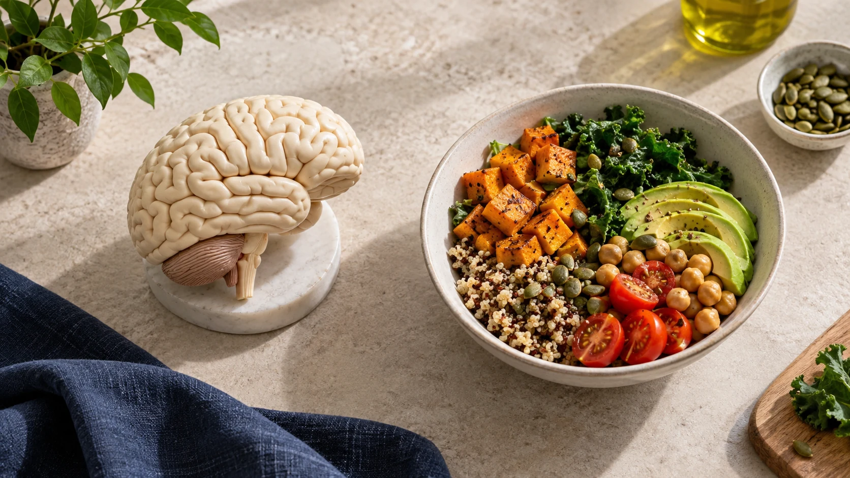 A physical brain teaching model beside a bowl of balanced food.