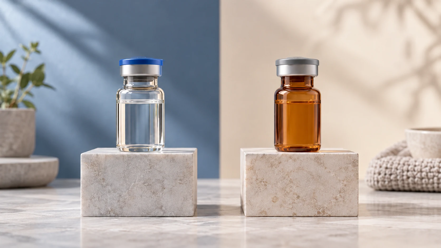 Two unbranded pharmaceutical vials displayed on equal stone pedestals.