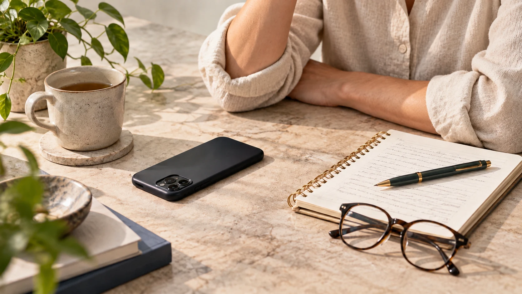 A face-down phone beside a research notebook and reading glasses.