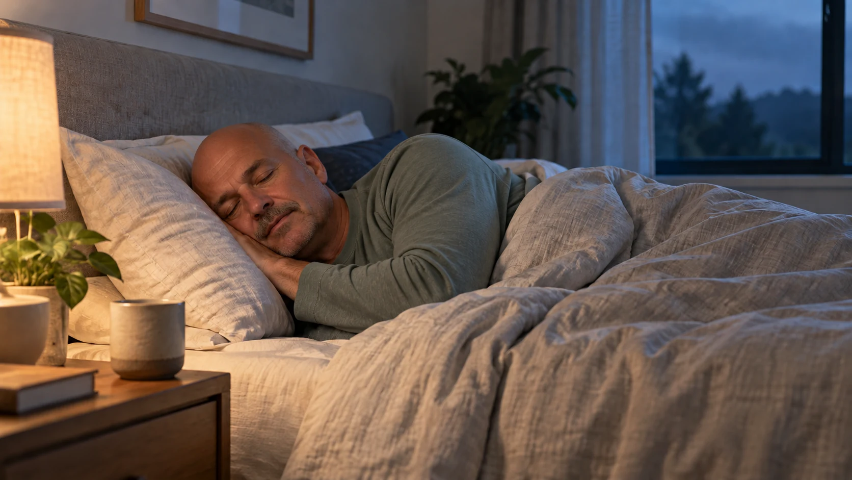 A man sleeping on his side beneath linen bedding in a calm bedroom.
