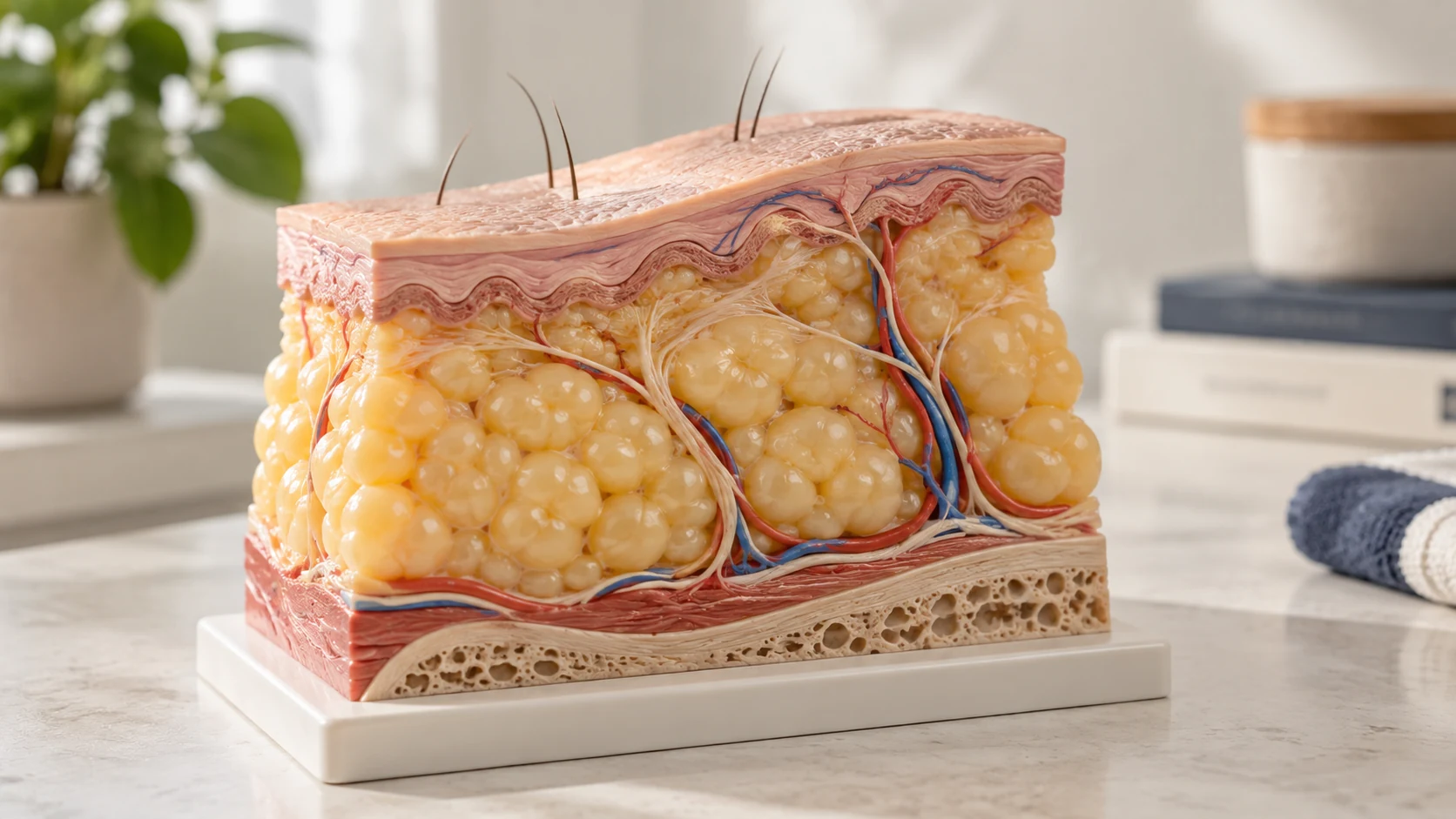 A physical teaching model showing skin and underlying adipose tissue.