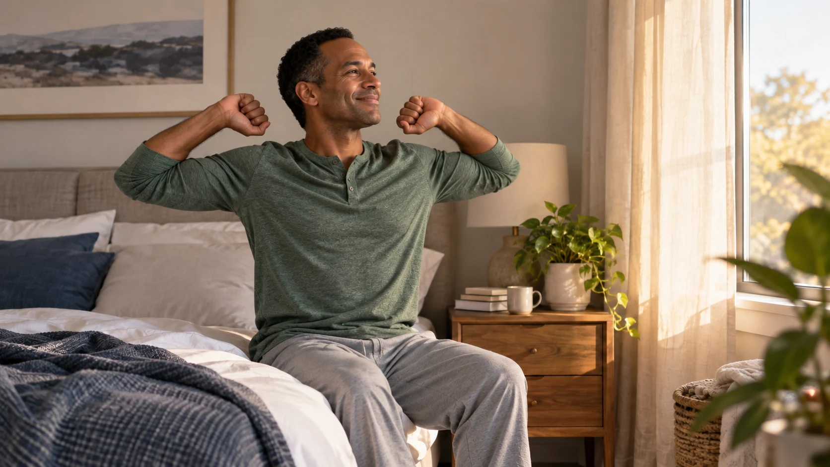 A man in a cotton sleep shirt stretching gently beside his bed in morning light.