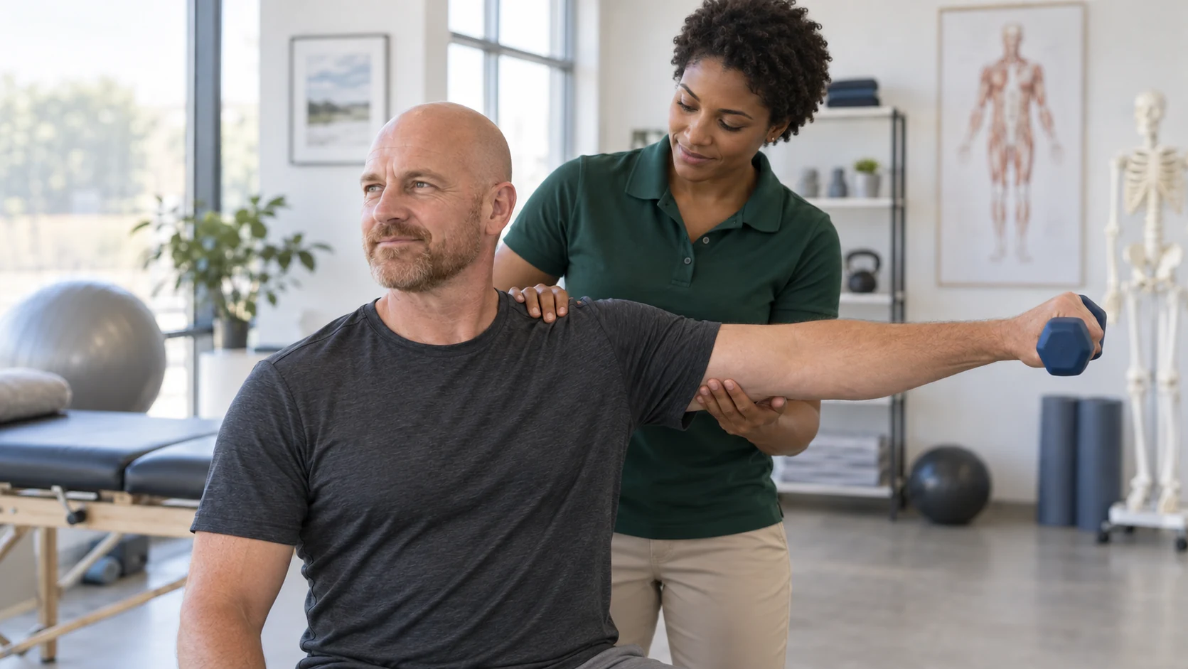 A physiotherapist helping an adult athlete with shoulder mobility.