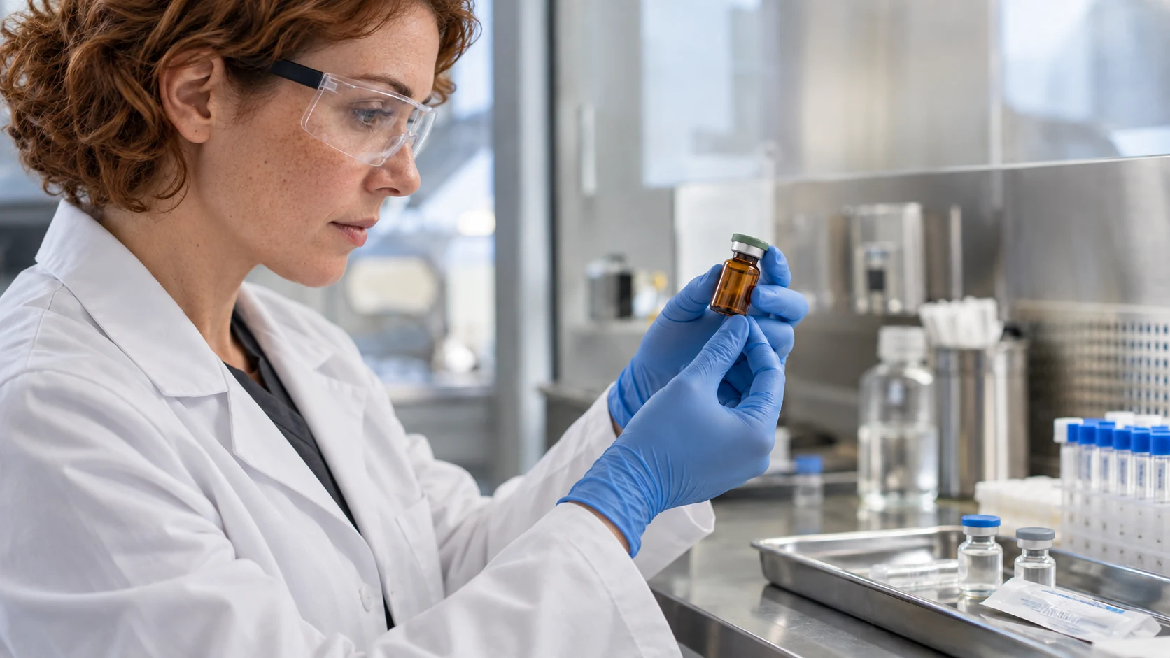 A compounding pharmacist handling a pharmaceutical vial at a clean workstation.