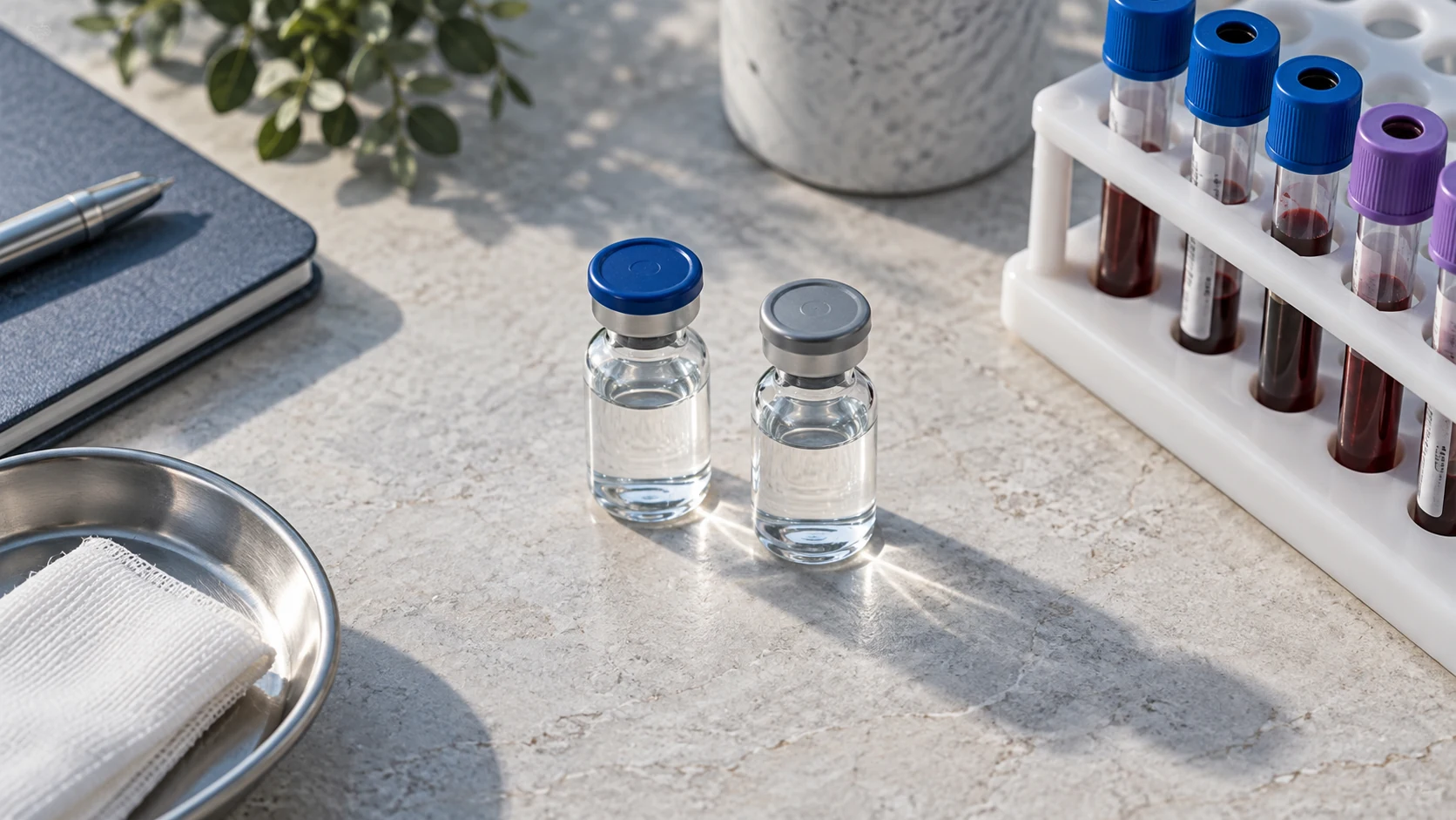 Two sealed pharmaceutical vials beside a rack of capped laboratory samples.