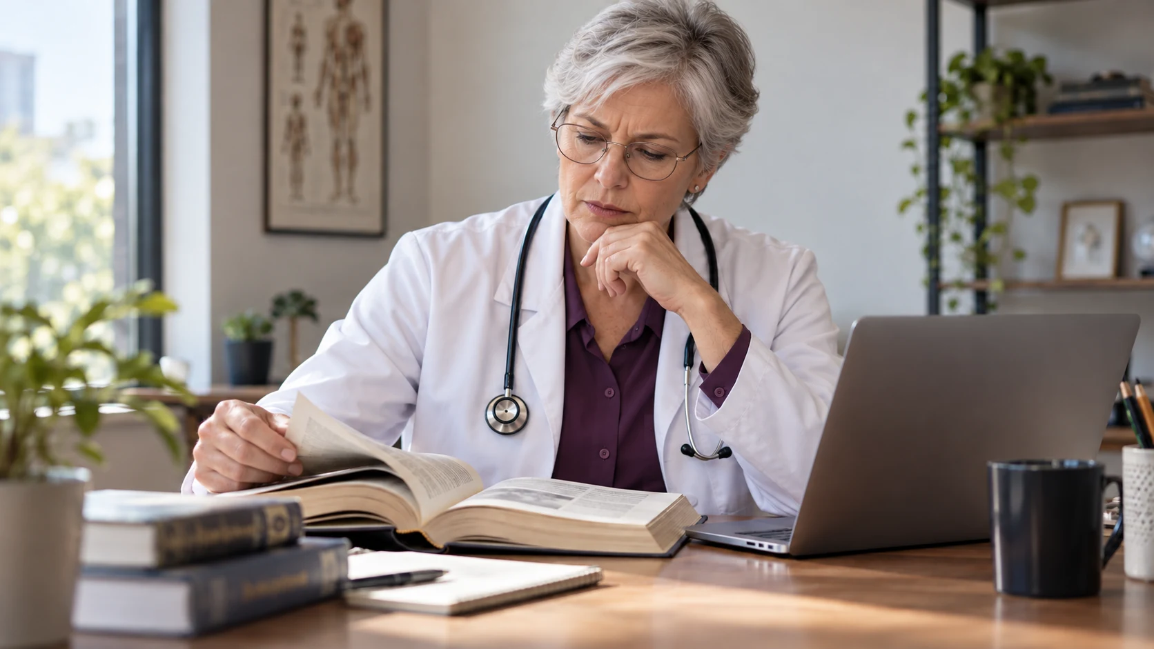 A physician reviewing a medical reference book alongside a laptop.