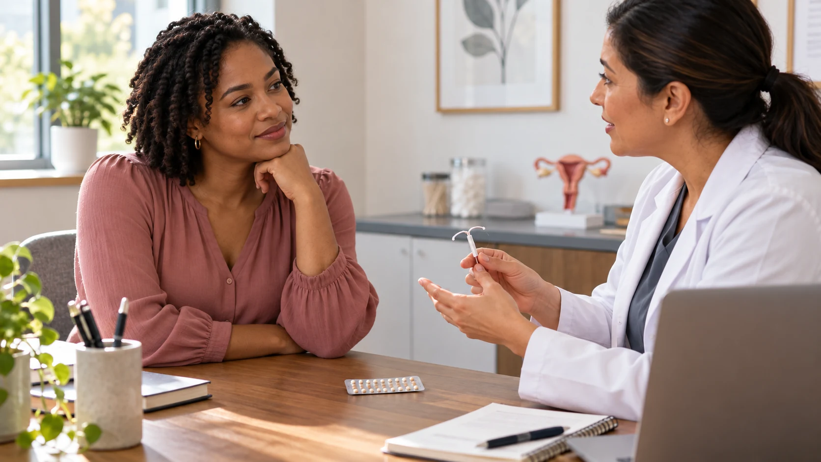 An adult woman discussing contraceptive options with a female clinician.
