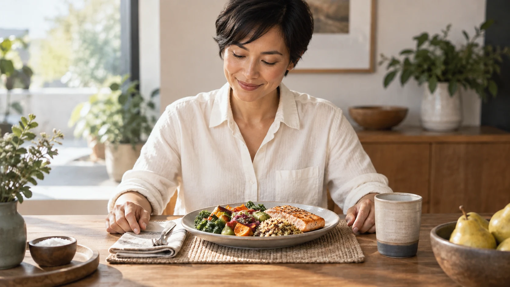 An adult pausing before a balanced meal at a quiet dining table.