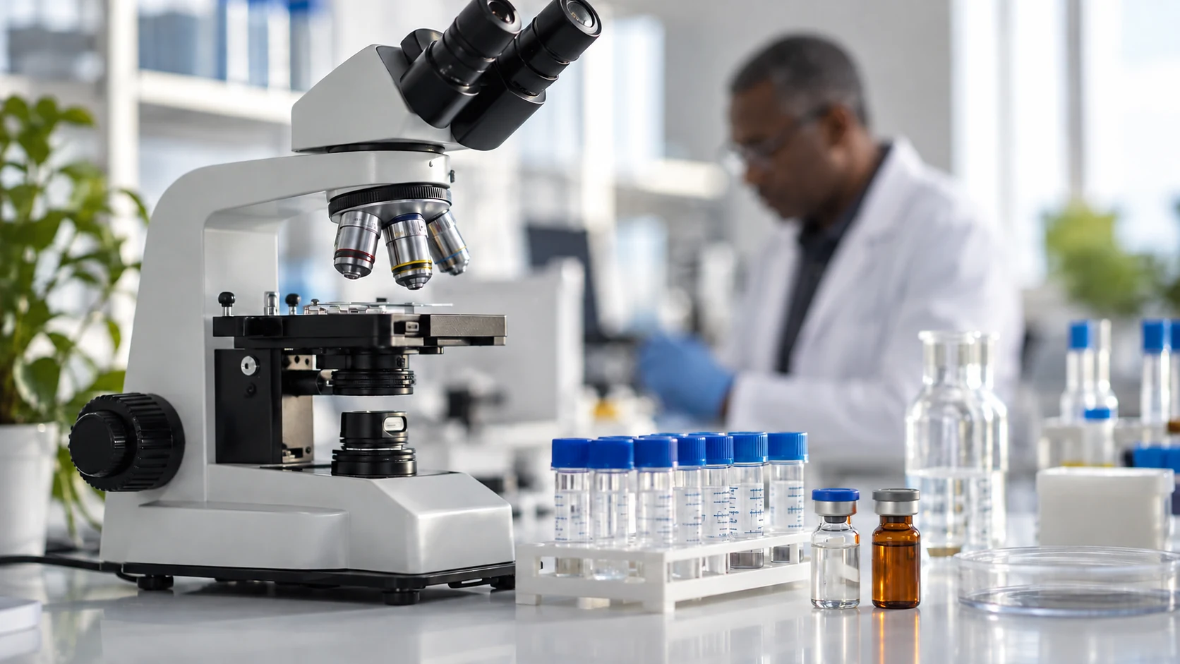 A microscope and capped sample vials on a clean laboratory bench.