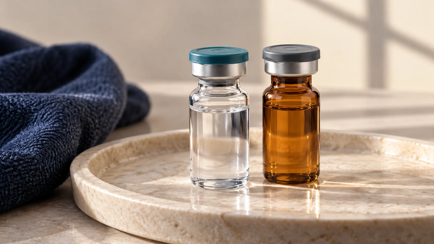 Two sealed pharmaceutical vials standing together on a stone tray.