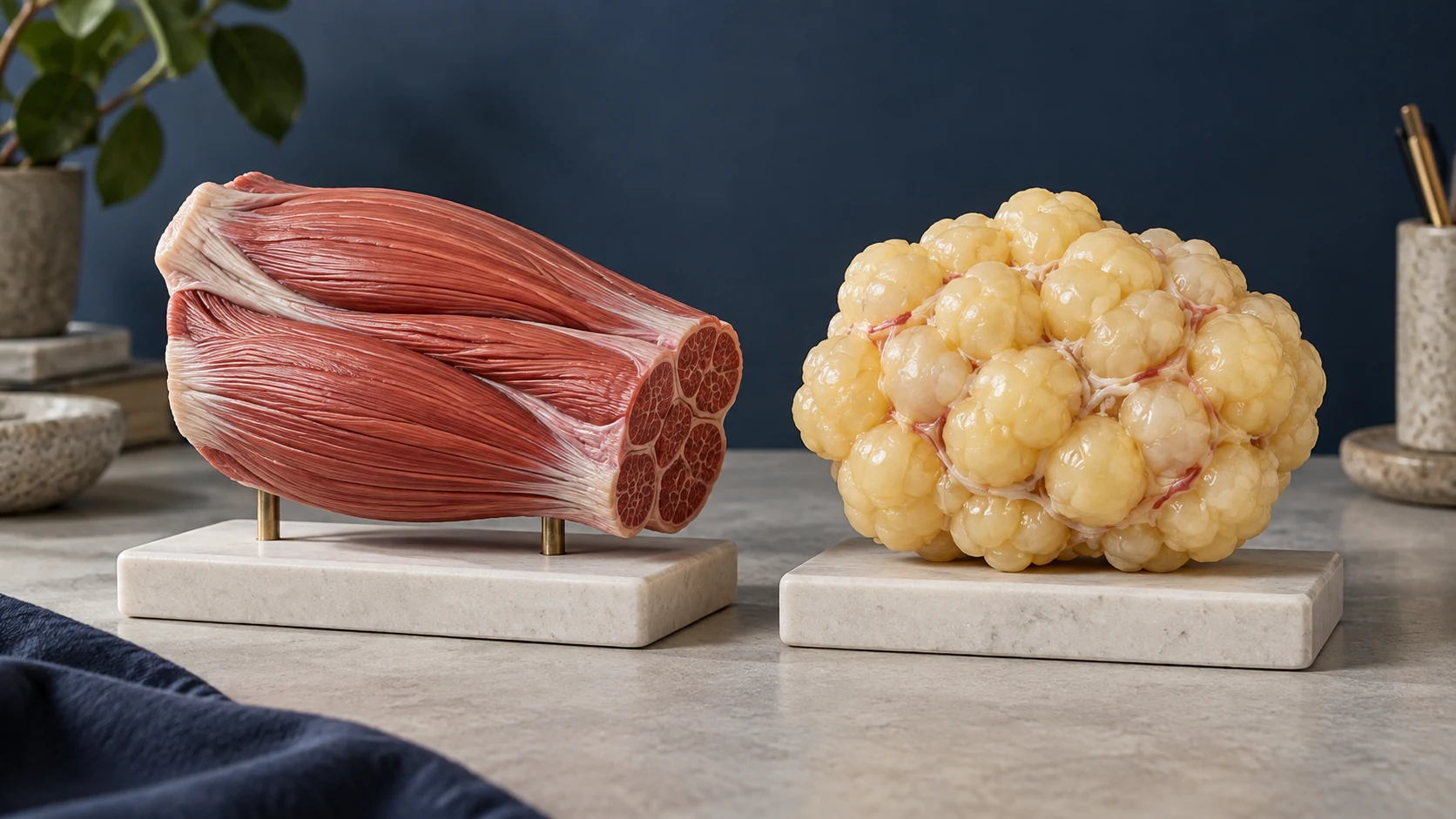 Physical teaching models of skeletal muscle and adipose tissue side by side.