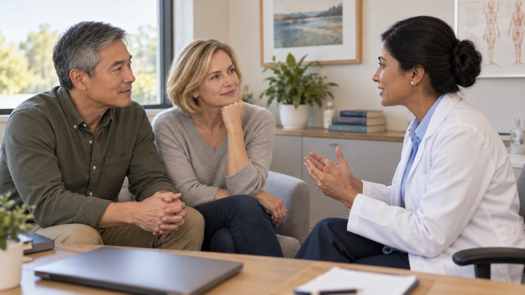 An adult couple talking with a physician in a private consultation room.