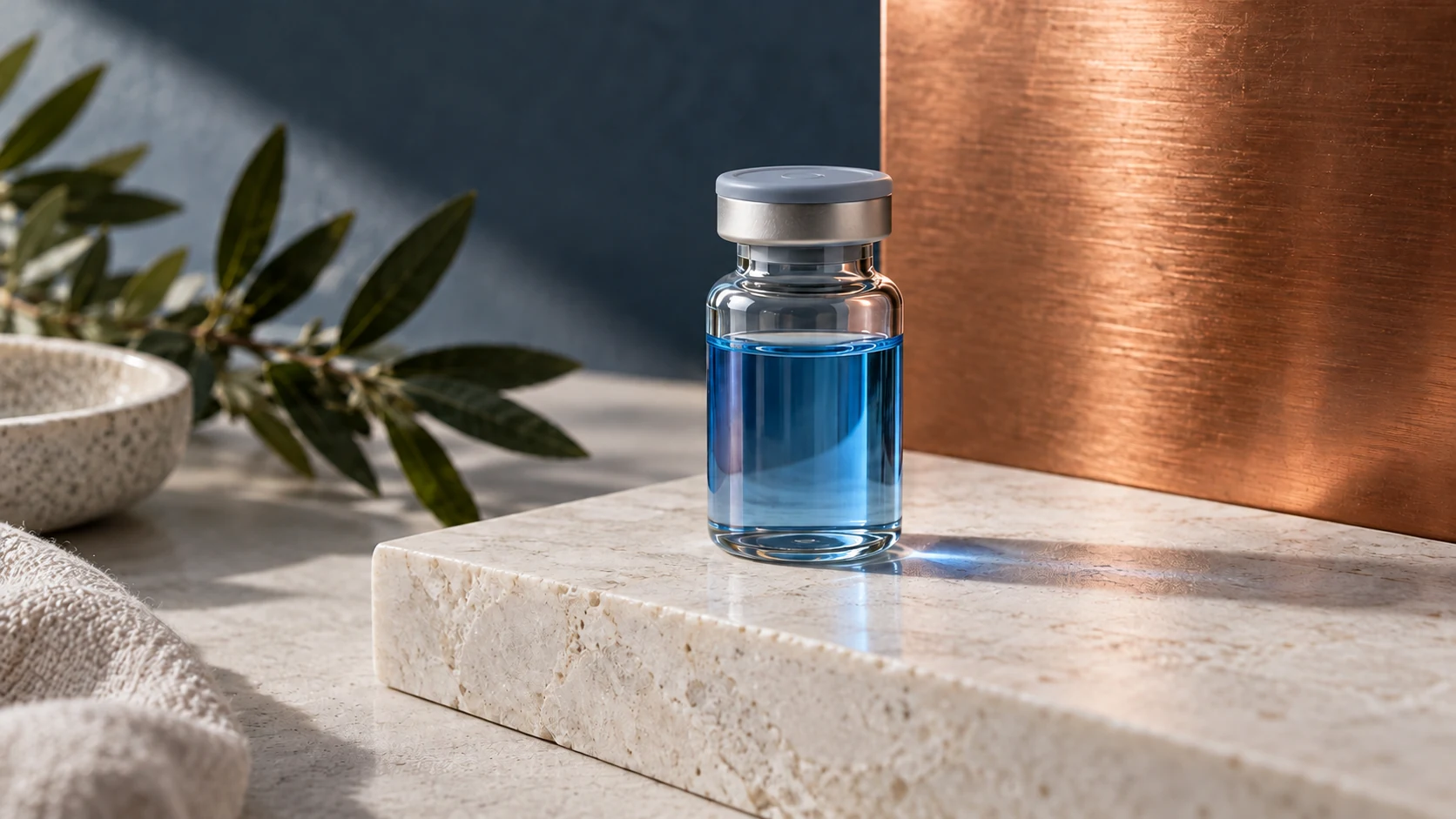 A sealed sample vial with blue reflections beside a brushed copper surface.