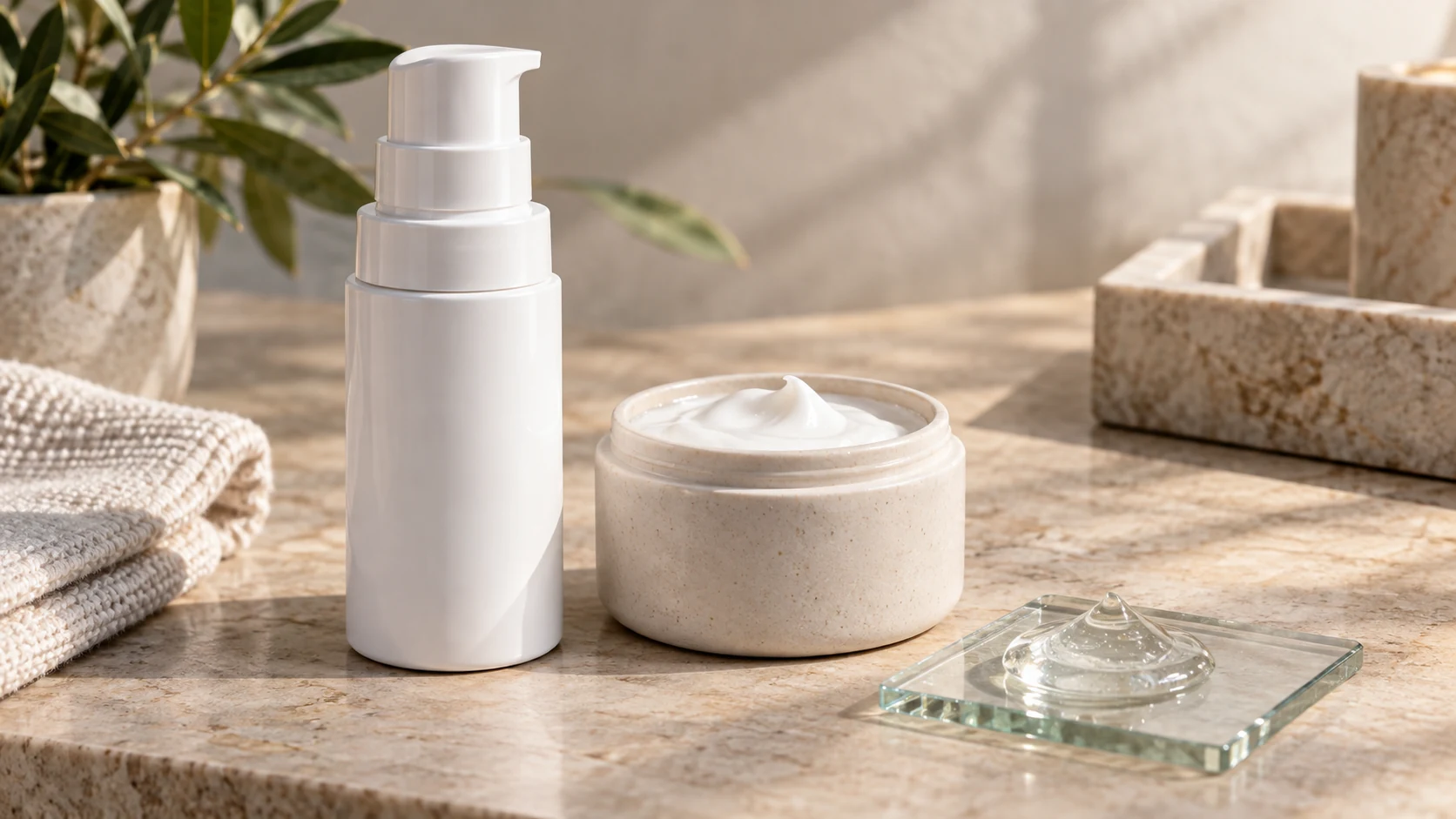 Unbranded topical medication containers with cream and clear gel samples.