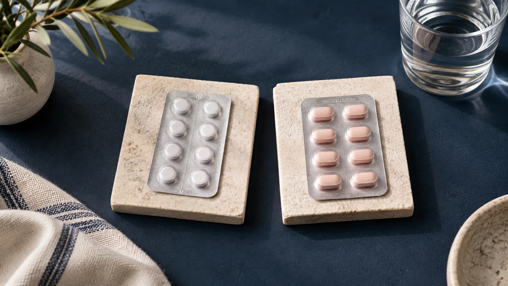 Two unbranded oral medication blister packs beside a glass of water.