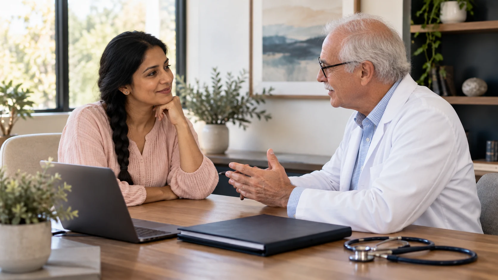 An adult patient discussing a health plan with a clinician.