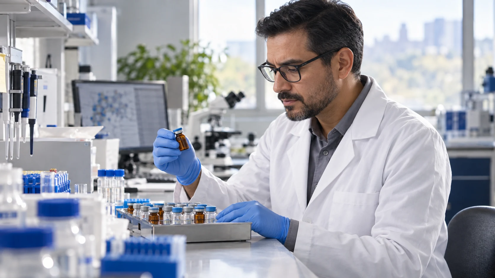 A clinical researcher examining therapeutic samples at a laboratory bench.