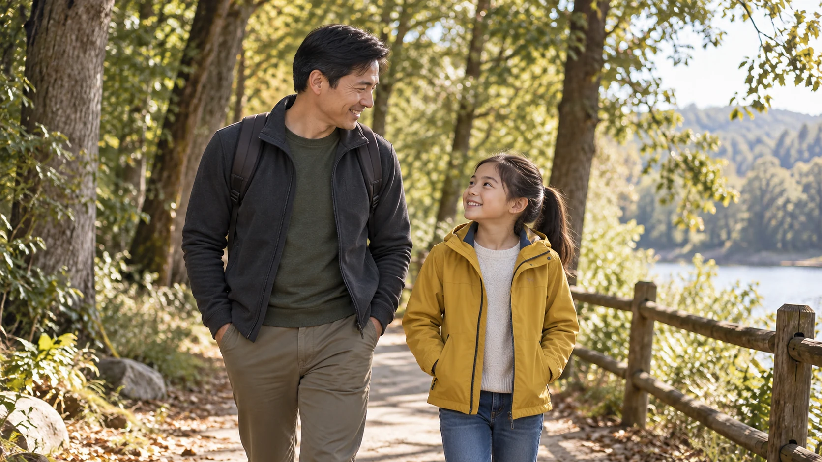 A father and child walking together on a tree-lined path.