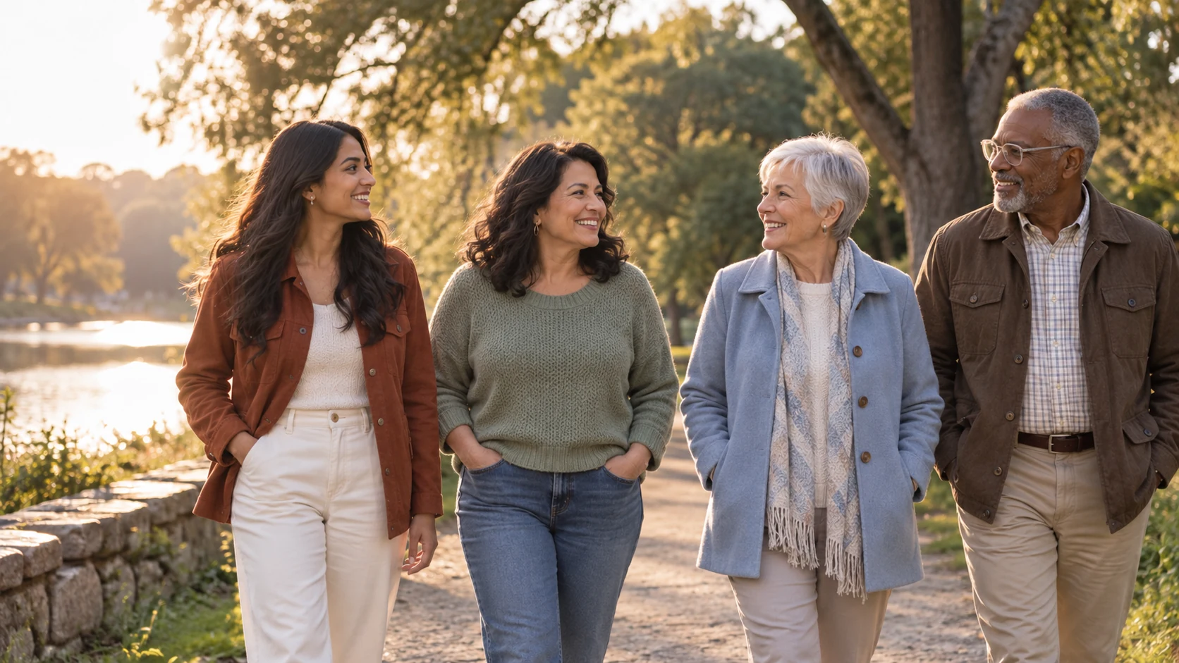 Adults from three generations walking together through a park.