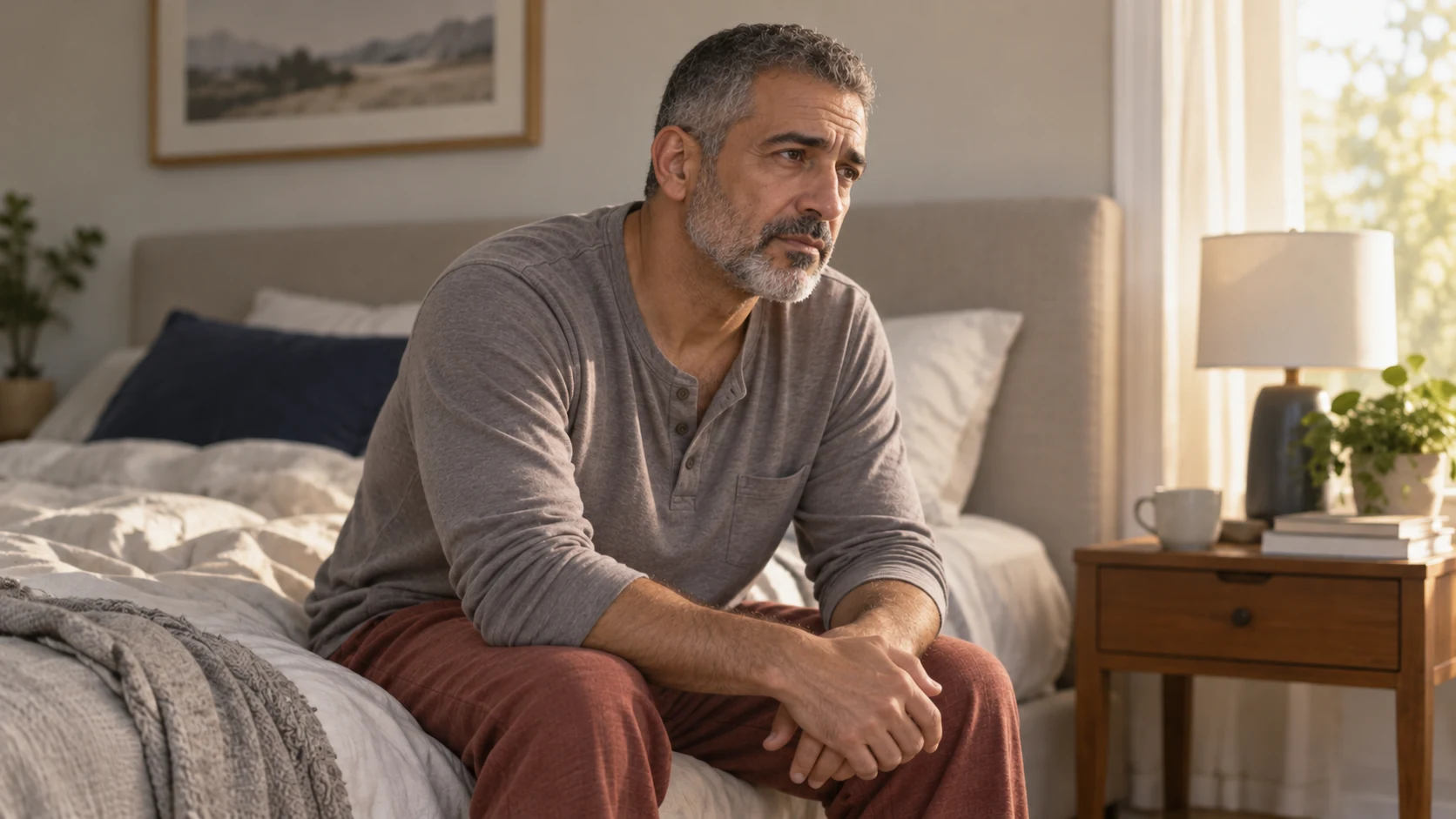 A man sitting thoughtfully at the edge of his bed in morning light.