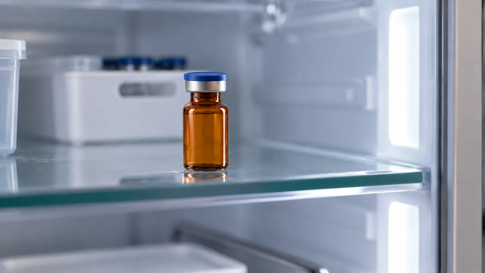A sealed pharmaceutical vial stored upright on a medication refrigerator shelf.