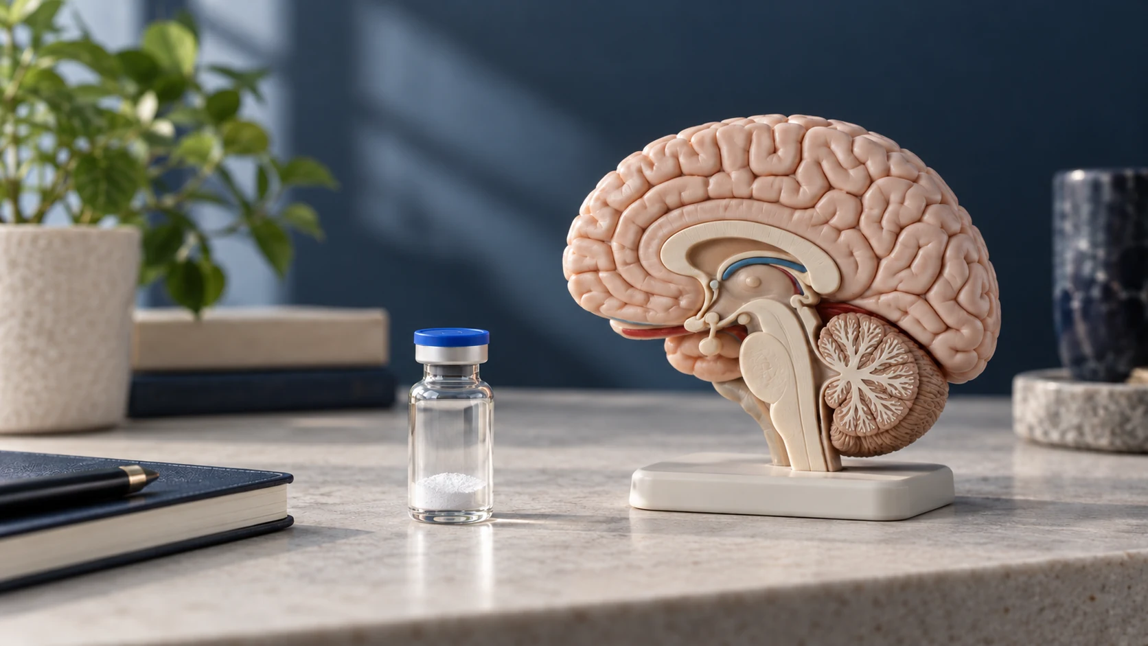 A sealed pharmaceutical vial beside a physical anatomical brain teaching model.